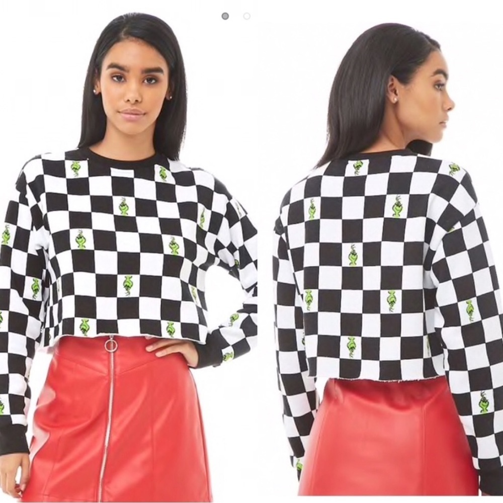 F21 X GRINCH Checker Crop Crew Sweatshirt | Women’s Size Small